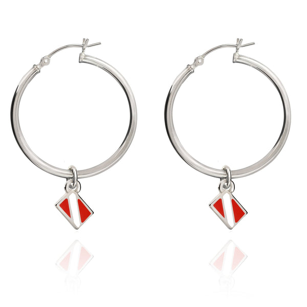 Dive Flag Hoop Earrings for Women Sterling Silver- Scuba Diving Gifts for Women, Scuba Diving Earrings, Dive Flag Charm Earrings, Gifts for Scuba Divers