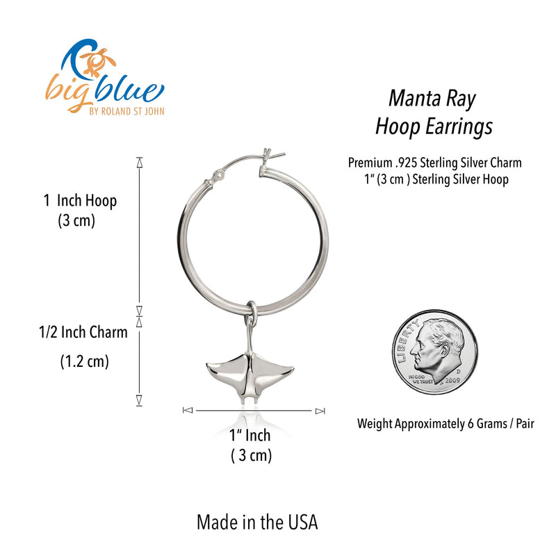 Stingray Hoop Earrings Sterling Silver- Manta Ray Sterling Silver Drop Earrings, Manta Ray Earrings, Sea Life Sterling Silver Drop Earrings