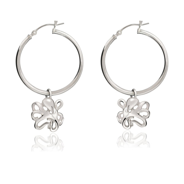 Octopus Hoop Earrings Sterling Silver- Octopus Drop Earrings, Dangle Octopus Earrings, Gifts for Octopus Lovers, Octopus Gifts, Sea Life Earrings