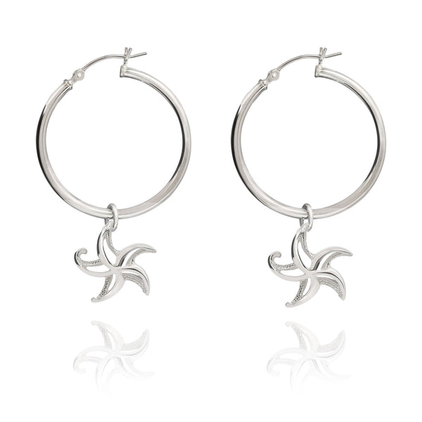 Starfish Hoop Earrings Sterling Silver- Small Sea Star Earrings, Small Starfish Dangle Hoop Earring Charms, Sea Star Jewelry Sterling Silver
