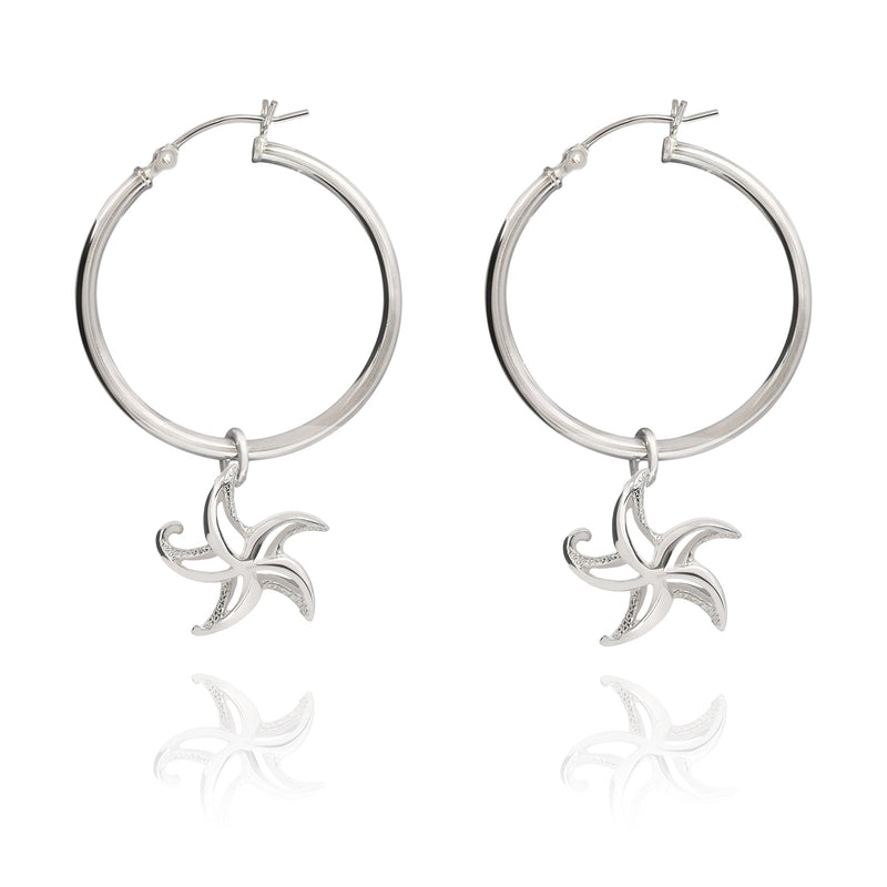 Starfish Hoop Earrings Sterling Silver- Small Sea Star Earrings, Small Starfish Dangle Hoop Earring Charms, Sea Star Jewelry Sterling Silver