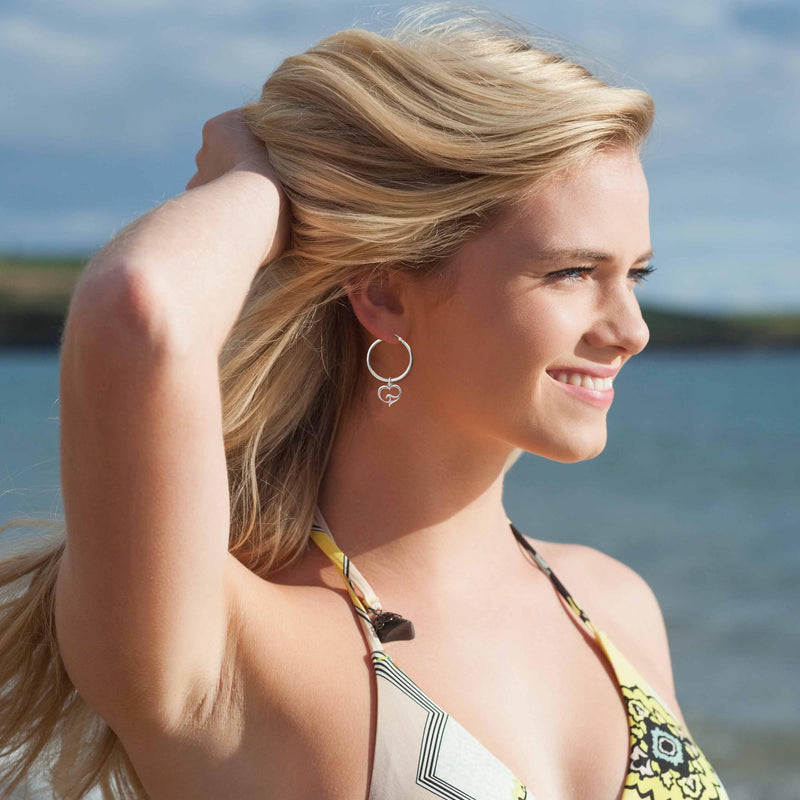 Ocean Wave Heart Hoop Earrings Sterling Silver, Sterling Silver Wave Charm Earrings, Heart Hoop Dangle Earrings with Ocean Wave Sterling