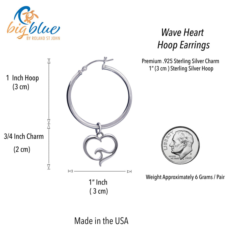 Ocean Wave Heart Hoop Earrings Sterling Silver, Sterling Silver Wave Charm Earrings, Heart Hoop Dangle Earrings with Ocean Wave Sterling