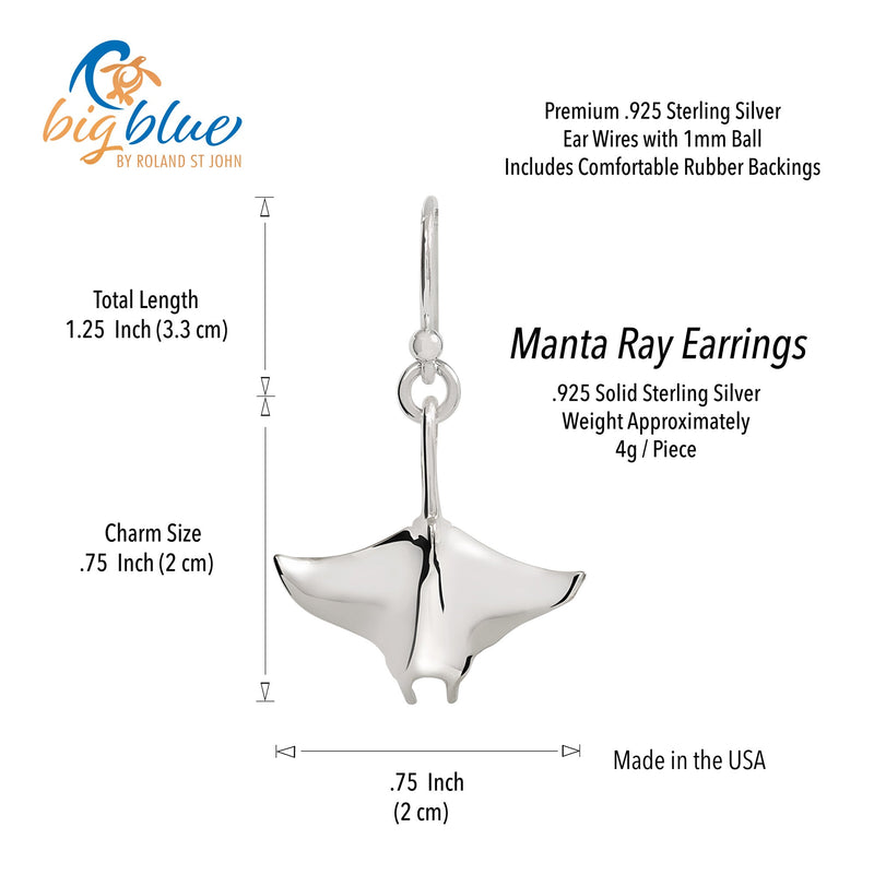 Stingray Earrings Sterling Silver- Manta Ray Sterling Silver Drop Earrings, Manta Ray Earrings, Stingray Charm, Sea Life Sterling Silver Drop Earrings