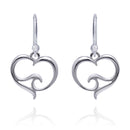 Ocean Wave Heart Drop Earrings Sterling Silver, Sterling Silver Wave Charm Earrings, Heart Dangle Earrings with Ocean Wave Sterling