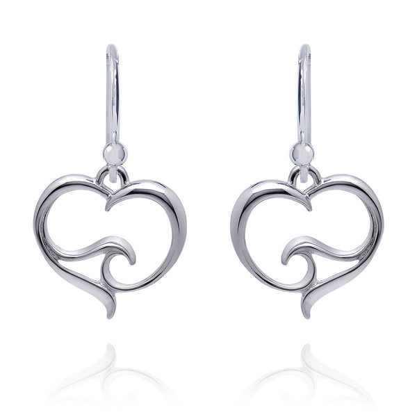 Ocean Wave Heart Drop Earrings Sterling Silver, Sterling Silver Wave Charm Earrings, Heart Dangle Earrings with Ocean Wave Sterling