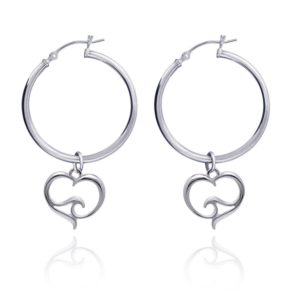 Ocean Wave Heart Hoop Earrings Sterling Silver, Sterling Silver Wave Charm Earrings, Heart Hoop Dangle Earrings with Ocean Wave Sterling