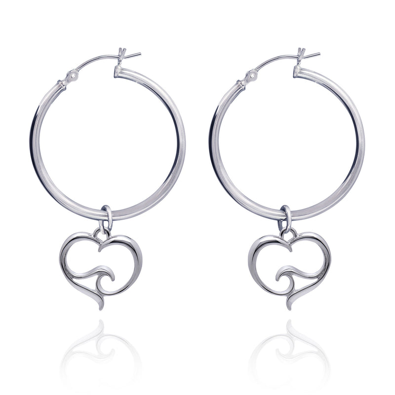 Ocean Wave Heart Hoop Earrings Sterling Silver, Sterling Silver Wave Charm Earrings, Heart Hoop Dangle Earrings with Ocean Wave Sterling