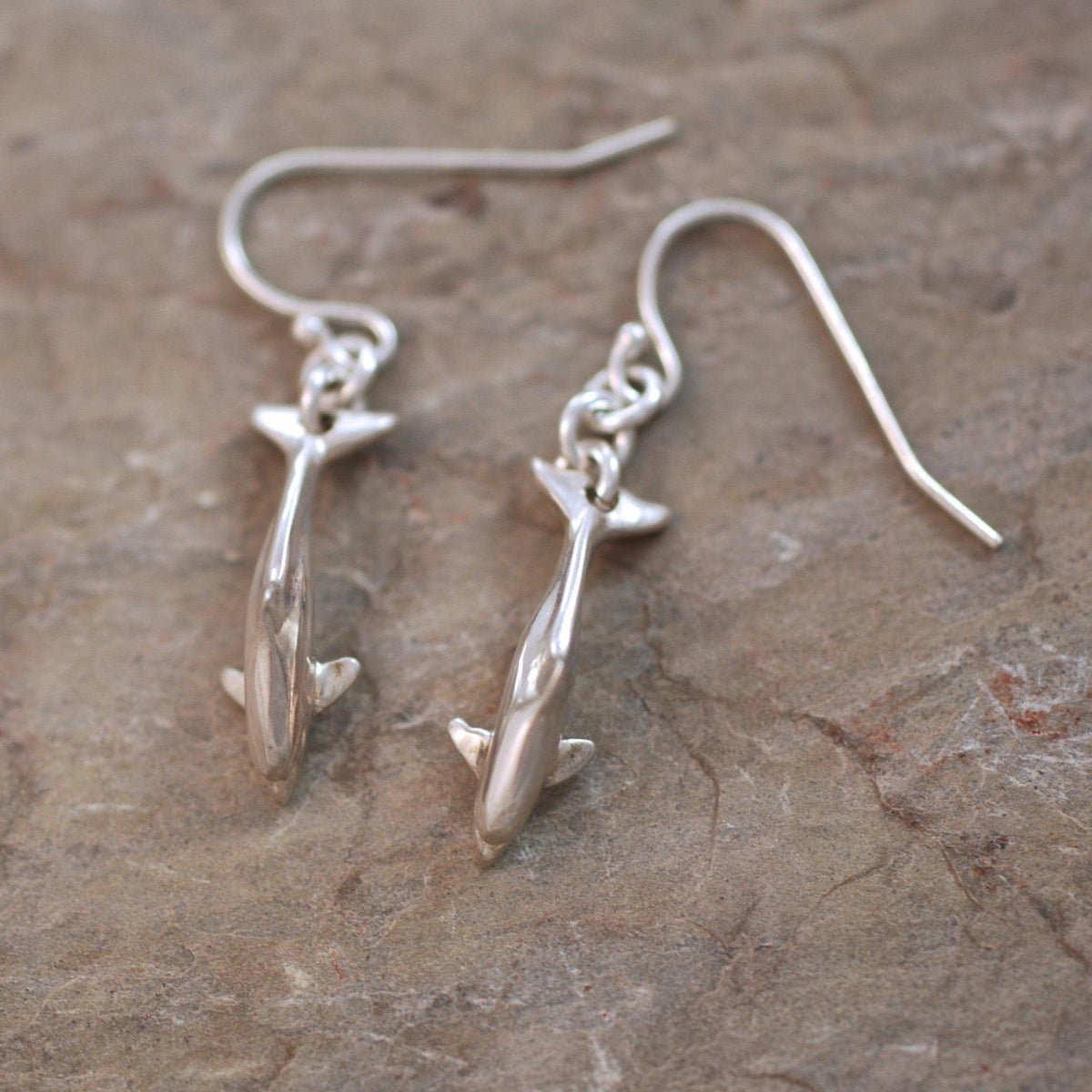 Dolphin Drop Earrings Sterling Silver, Ocean Theme Mini Realistic Sea